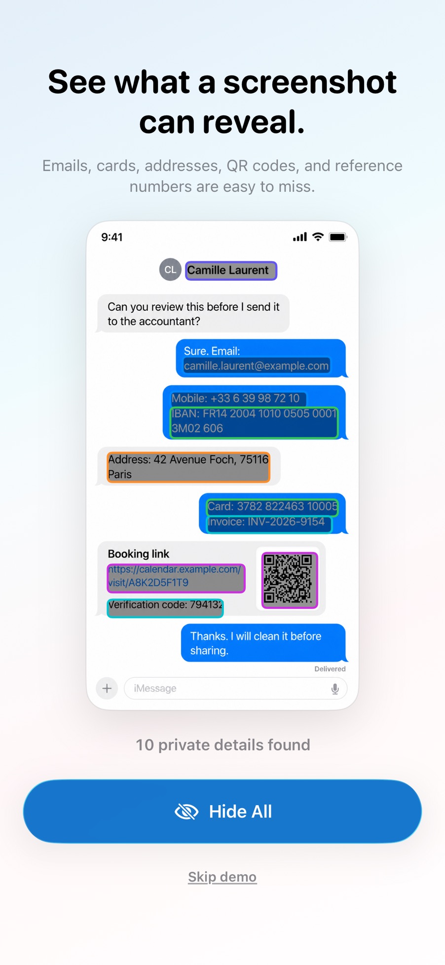 Before You Share demo showing highlighted sensitive details in a message screenshot