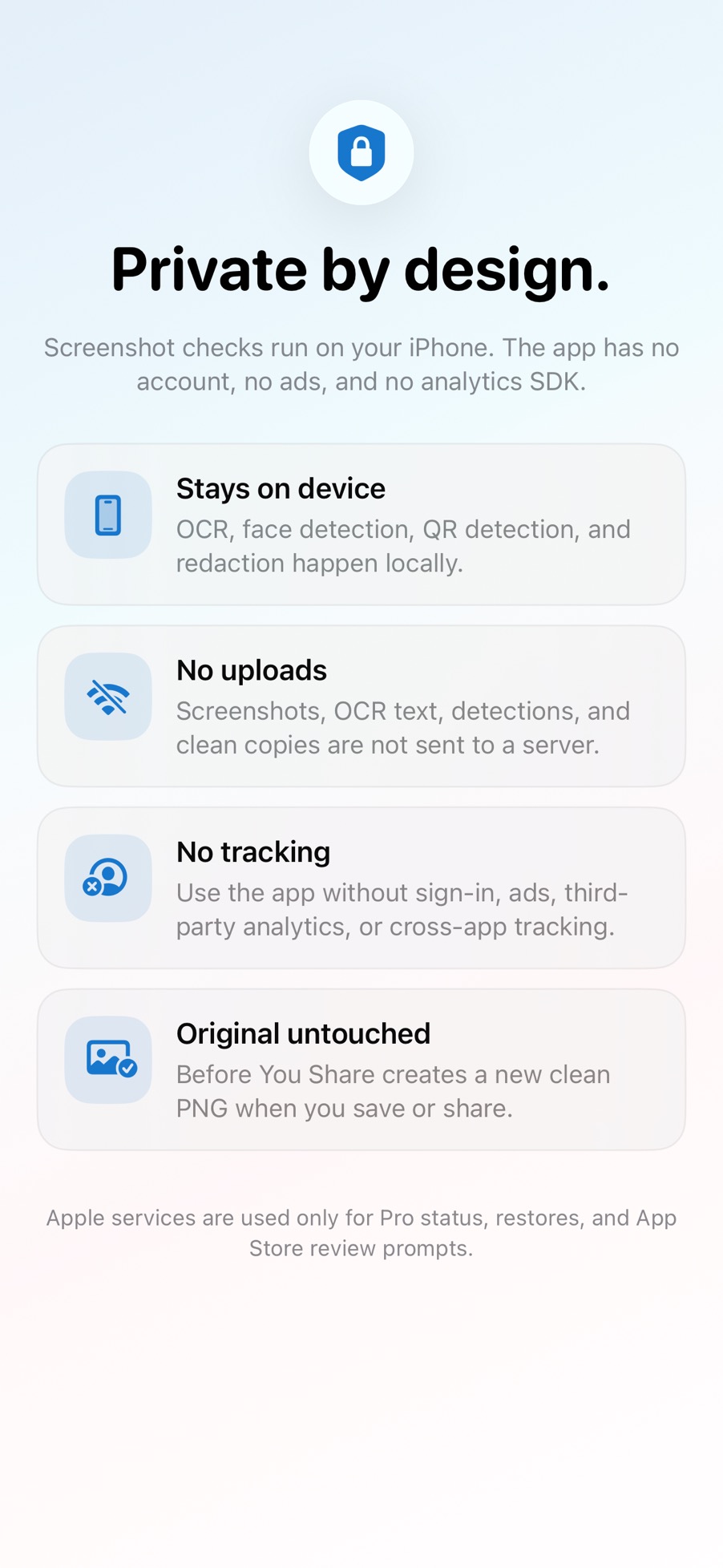Before You Share privacy screen explaining on-device processing