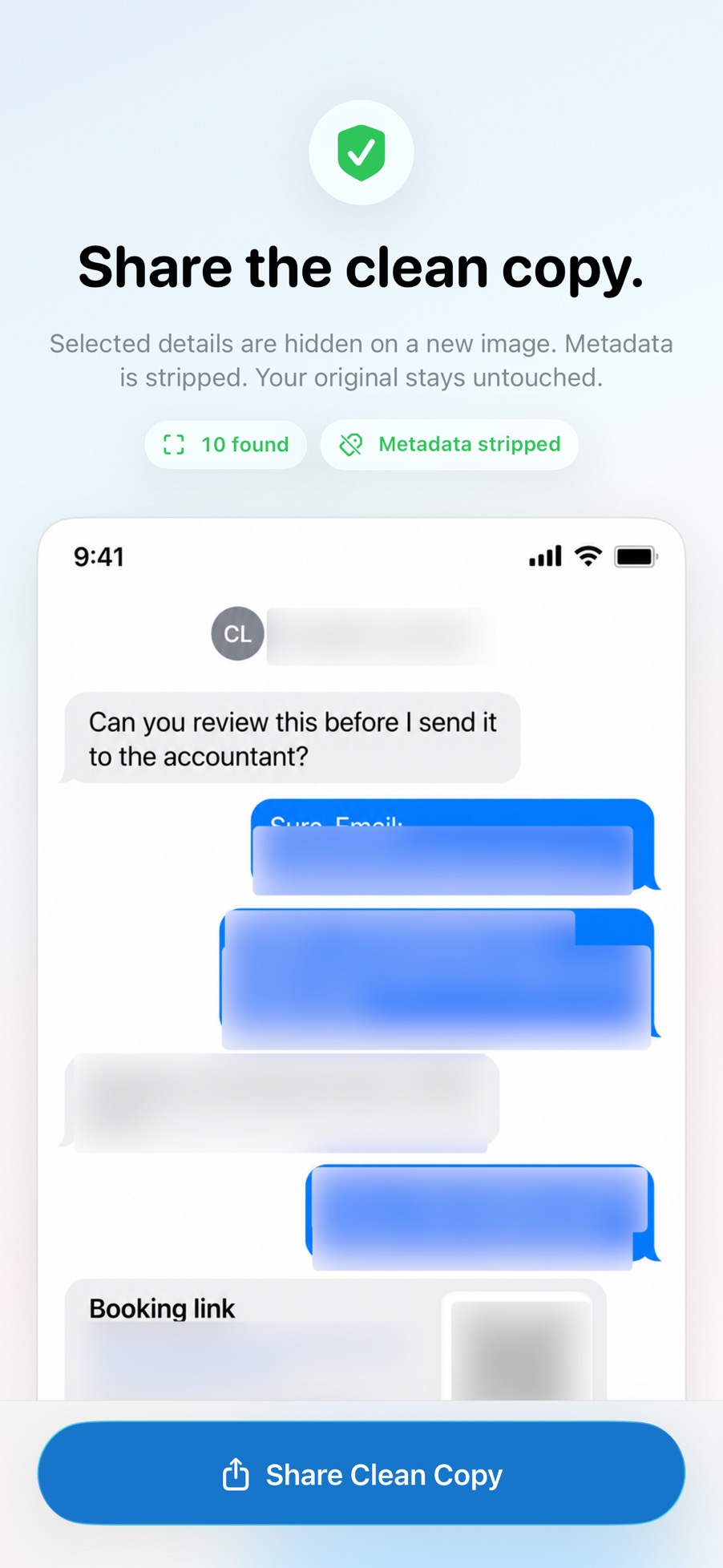 Before You Share clean copy screen with sensitive details hidden